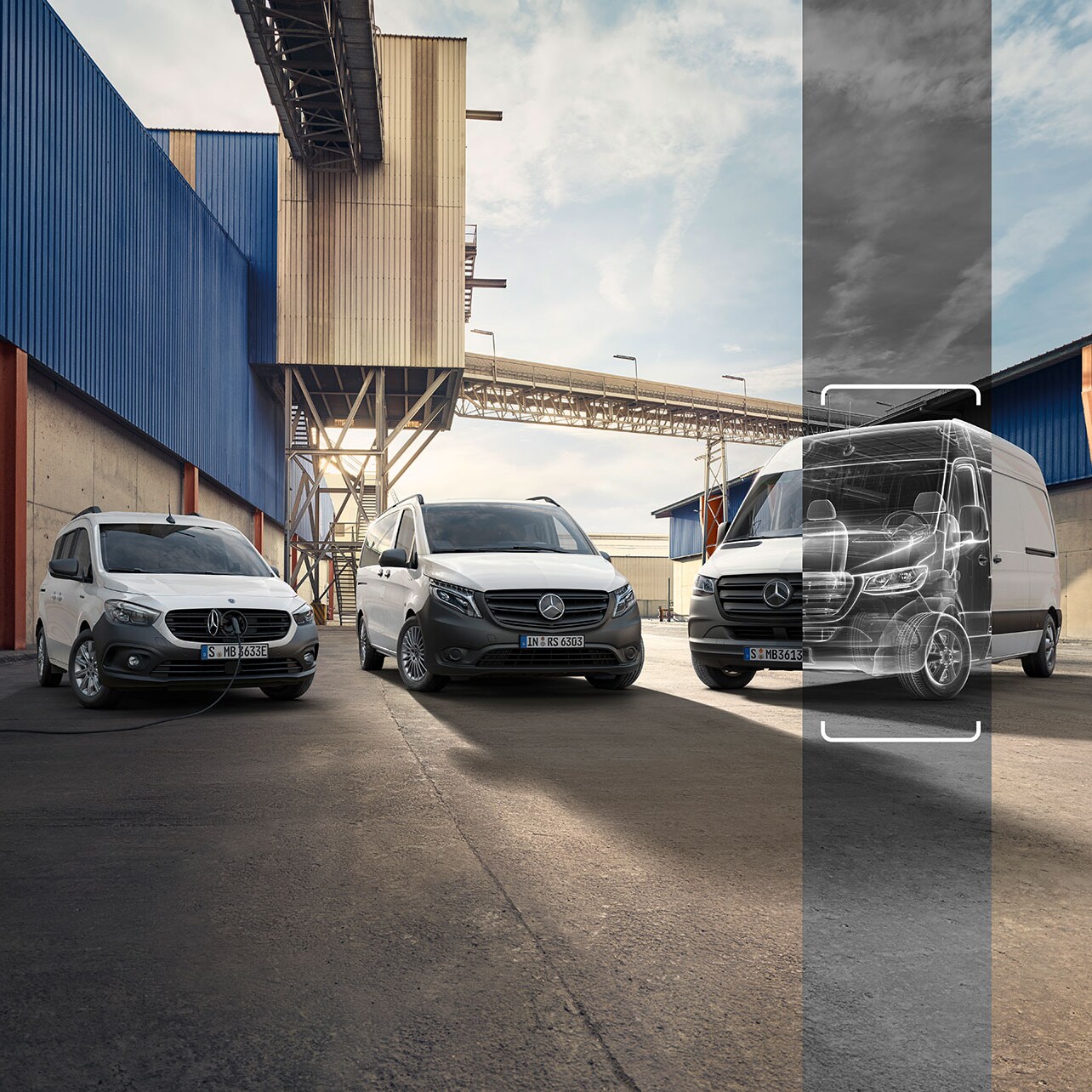 La gamma di veicoli commerciali usati Mercedes-Benz con uno sfondo architettonico