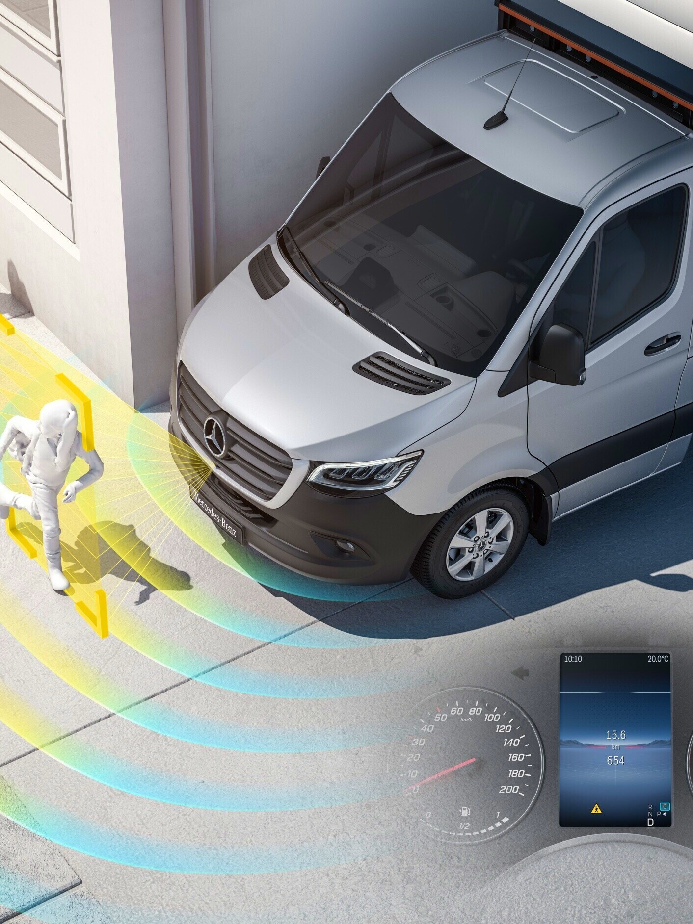 Il sistema di assistenza d'informazione all'avviamento (MOIS) per il Mercedes-Benz eSprinter Cassonato.