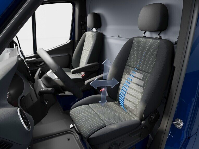 I sedili lato guida e lato passeggero anteriore con supporto lombare del Mercedes-Benz Sprinter cassonato.