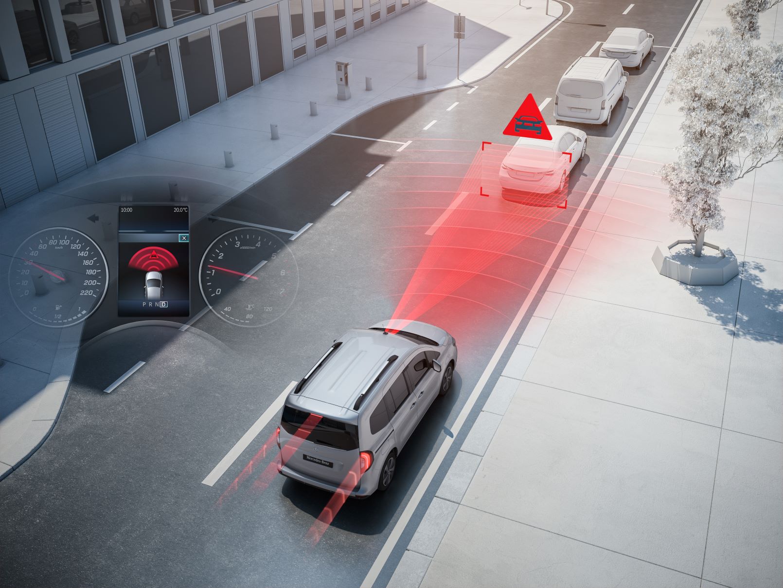 Sistemi di assistenza alla guida | Citan Furgone | Mercedes-Benz Il sistema di assistenza alla guida visualizzato nel traffico urbano a bordo di Mercedes-Benz Citan Furgone.