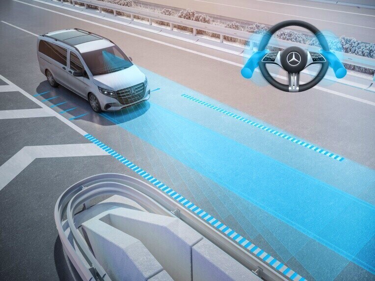 Illustrazione del pacchetto sistemi di assistenza alla guida per Mercedes-Benz Vito.