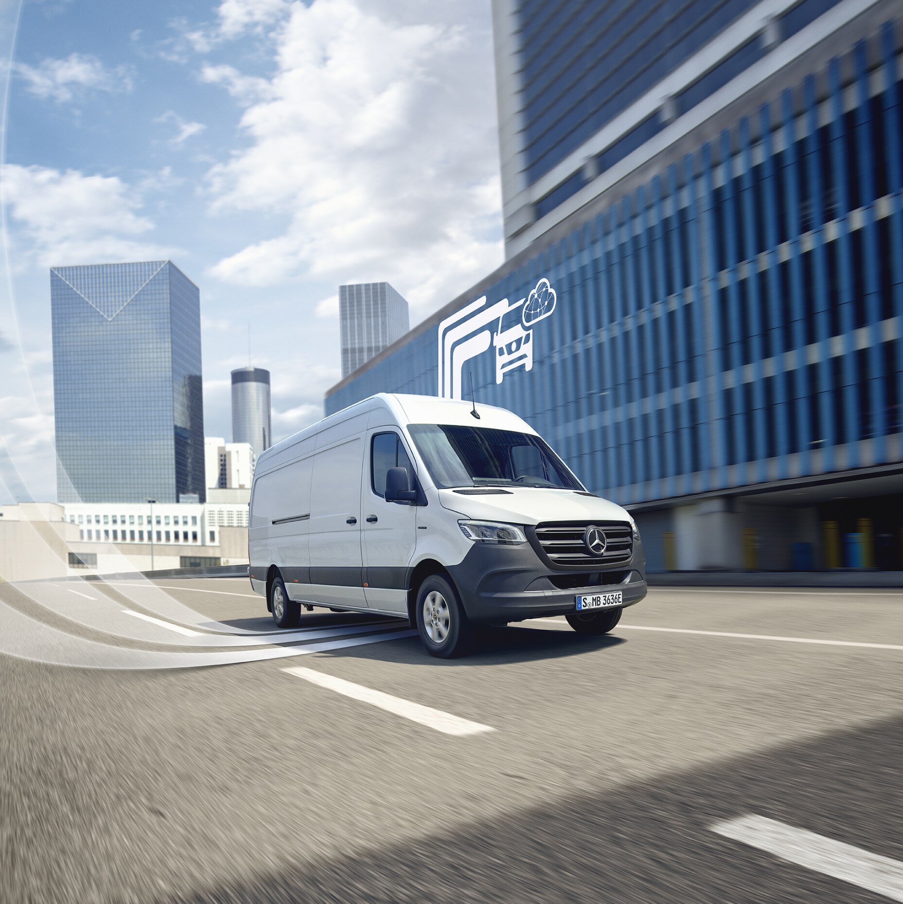 Un veicolo commerciale Mercedes-Benz con elementi grafici che rappresentano i Digital Extras.
