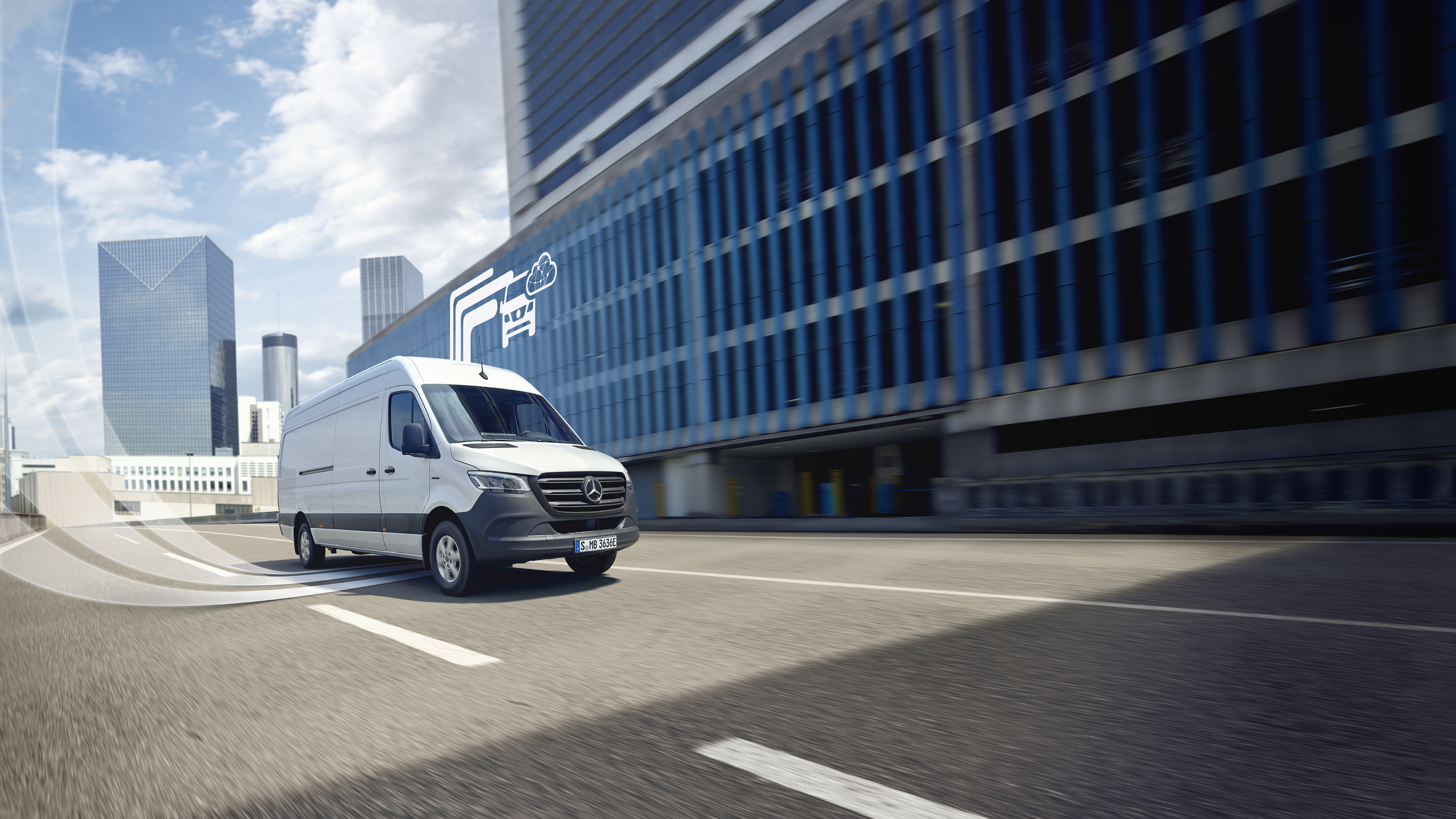 Digital Extras | Mercedes me Un veicolo commerciale Mercedes-Benz con elementi grafici che rappresentano i Digital Extras.