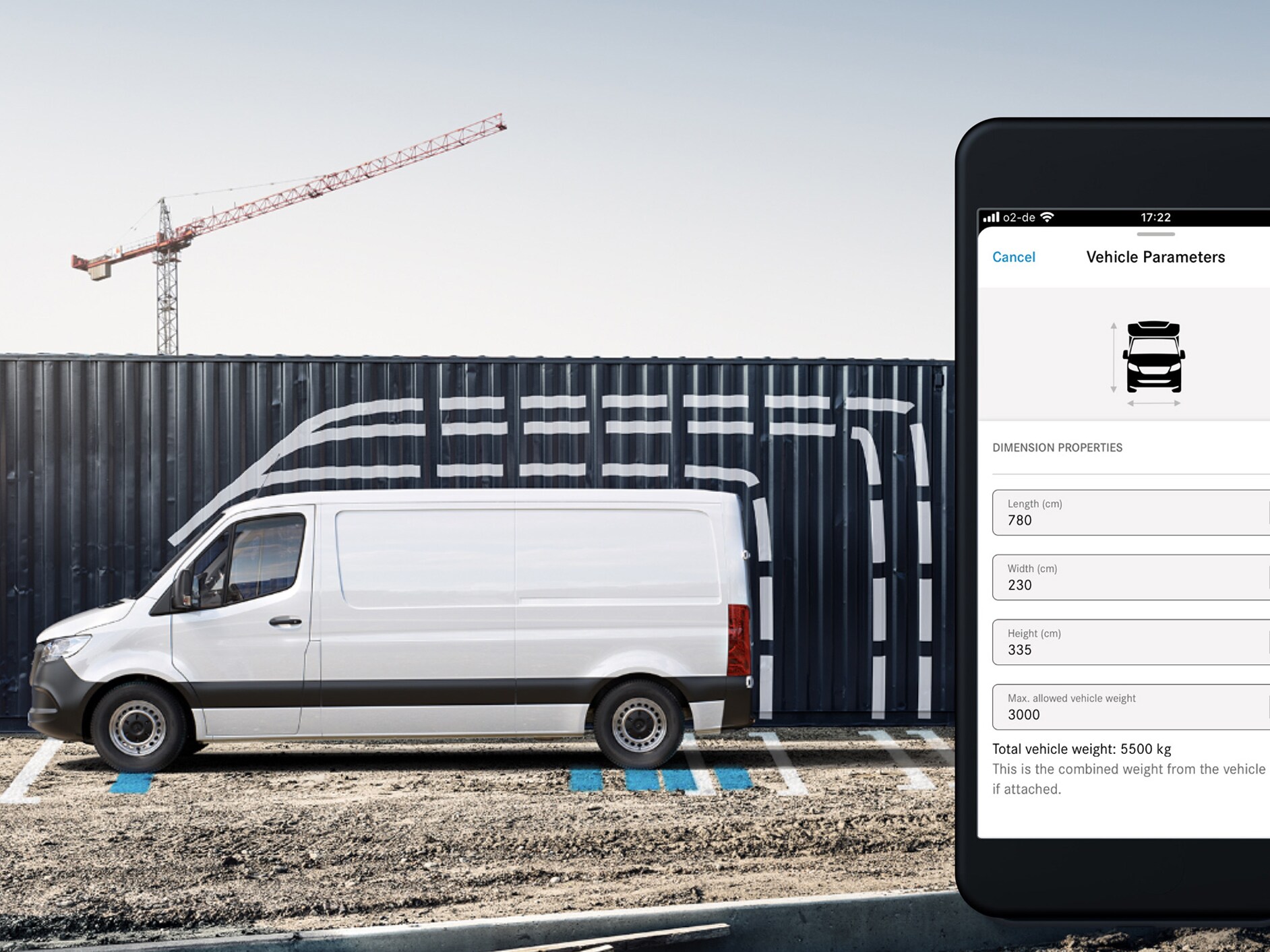 Rappresentazione grafica delle dimensioni del veicolo nella Mercedes-Benz App su uno smartphone.