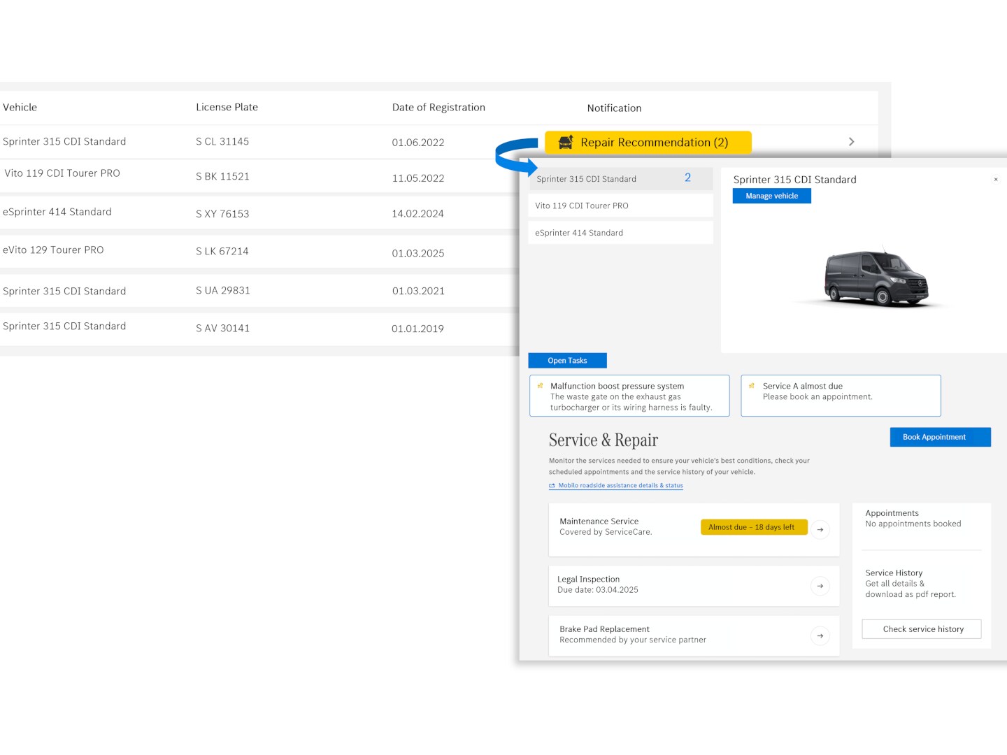 Una panoramica del Digital Extra Mercedes-Benz Van Uptime Monitor: visualizzazione di un elenco di veicoli con diverse informazioni di stato e azioni consigliate.