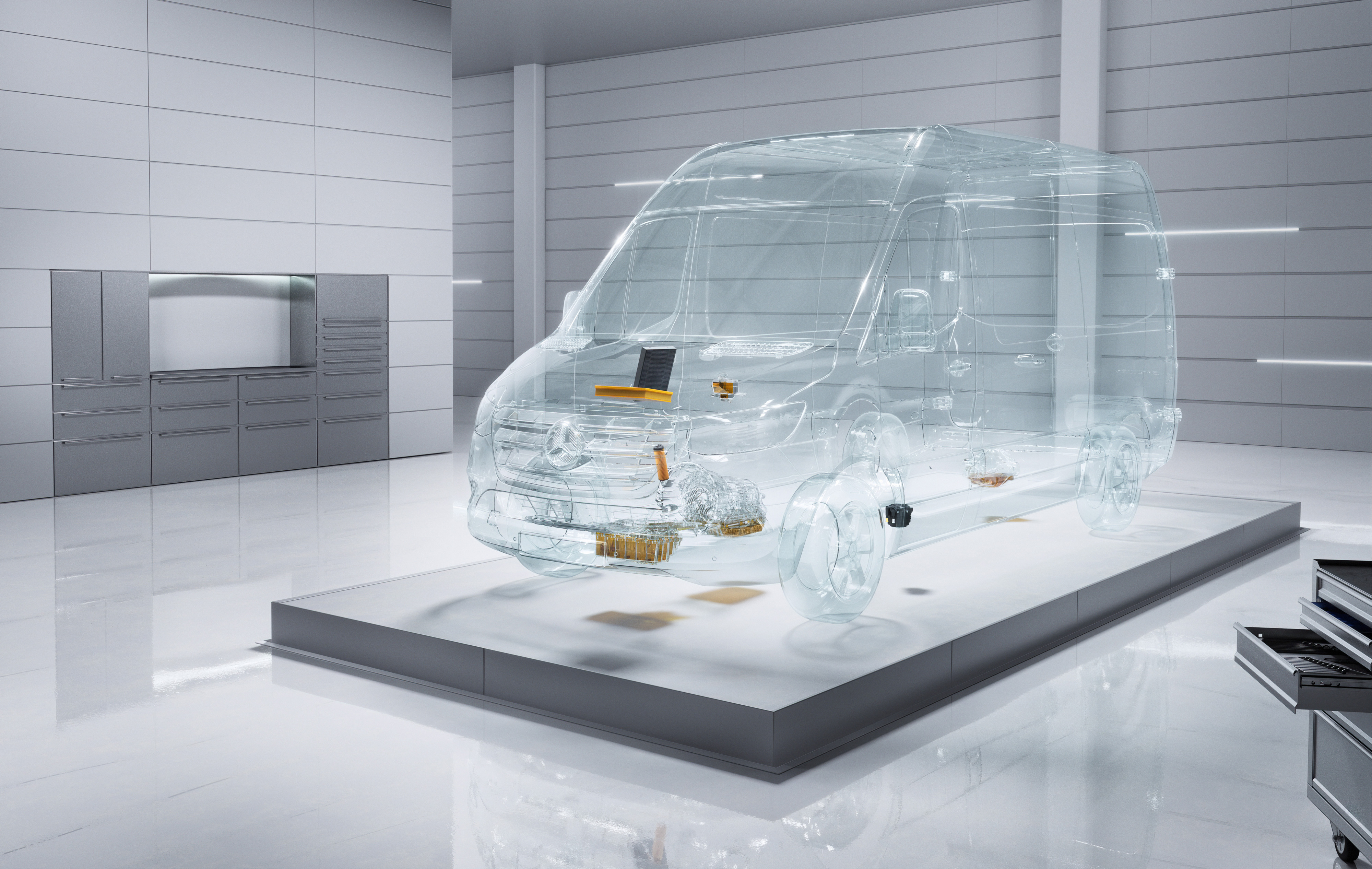 Mercedes-Benz | Servizi assistenza per la flotta di veicoli commerciali | ServiceCare Un veicolo commerciale Mercedes-Benz Sprinter virtuale e trasparente in un'officina.