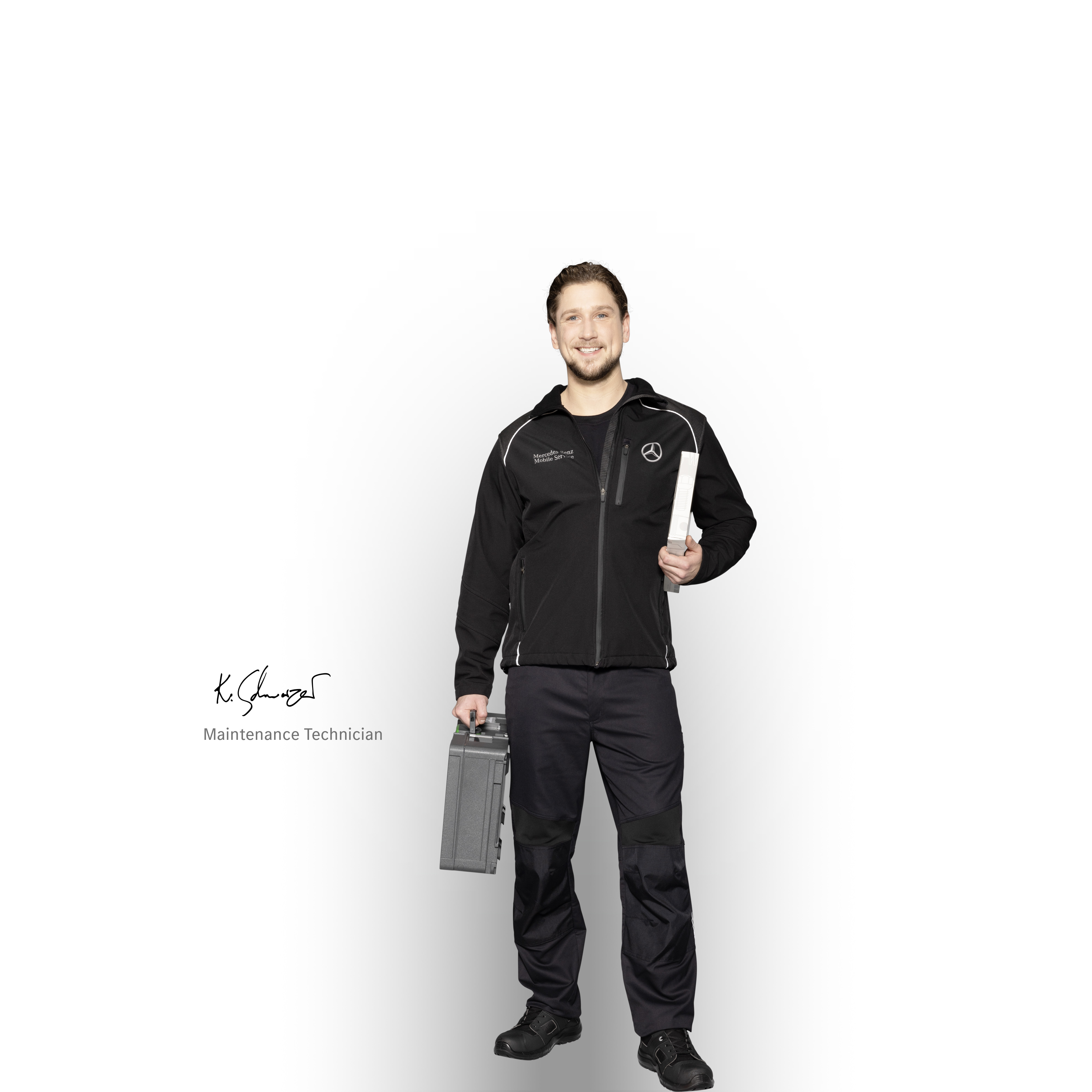 Servizio assistenza veicoli commerciali Mercedes-Benz Un tecnico addetto alla manutenzione Mercedes-Benz Mobile Service pronto a fornire assistenza.