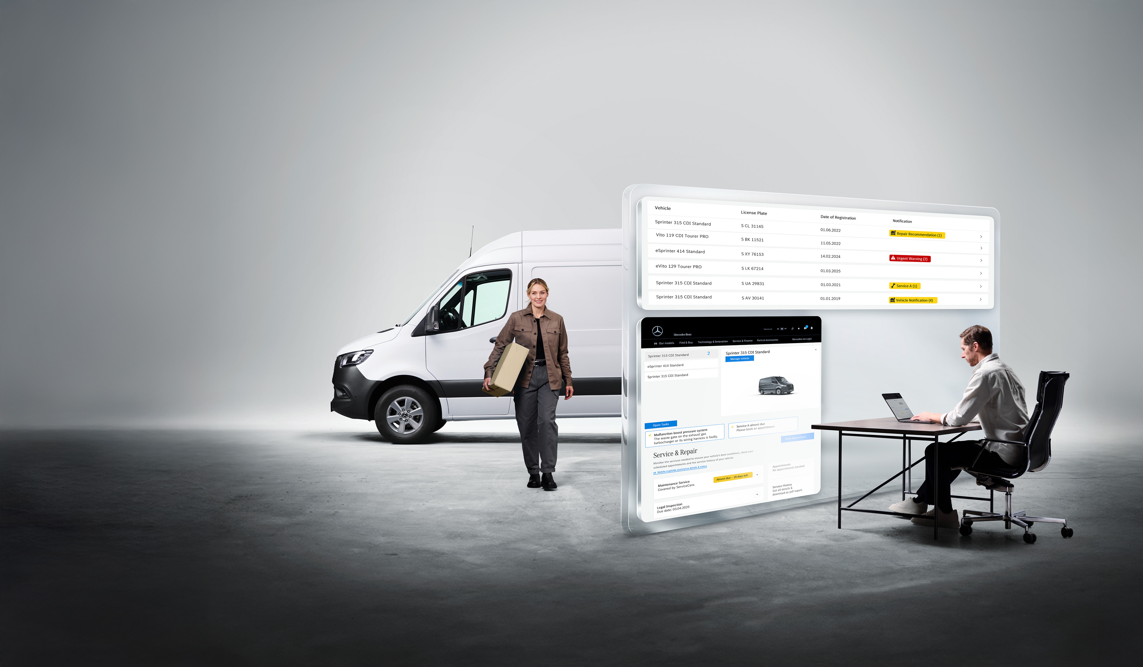 Mercedes-Benz | Tecnologia dei veicoli commerciali | Digital Extras Un uomo monitora la flotta di veicoli commerciali su laptop utilizzando la funzione Mercedes-Benz Van Uptime Monitor per ottimizzare l'operatività.