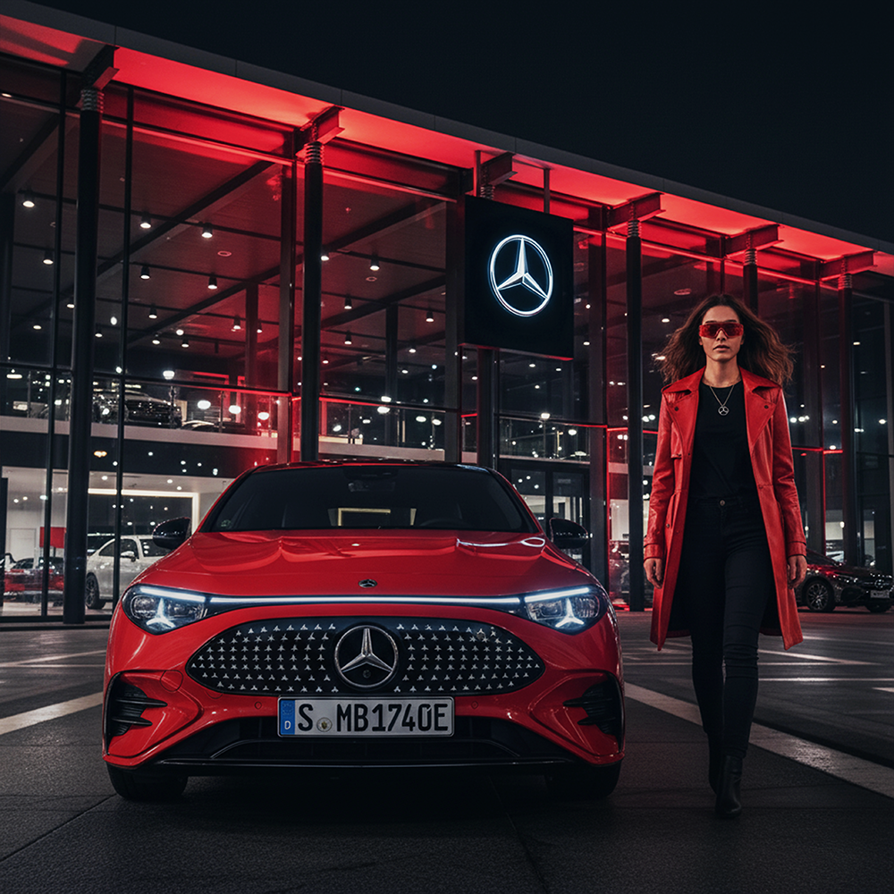 CLA completamente elettrica | Mercedes-Benz Nuova CLA 100% elettrica con sullo sfondo uno Showroom Mercedes-Benz