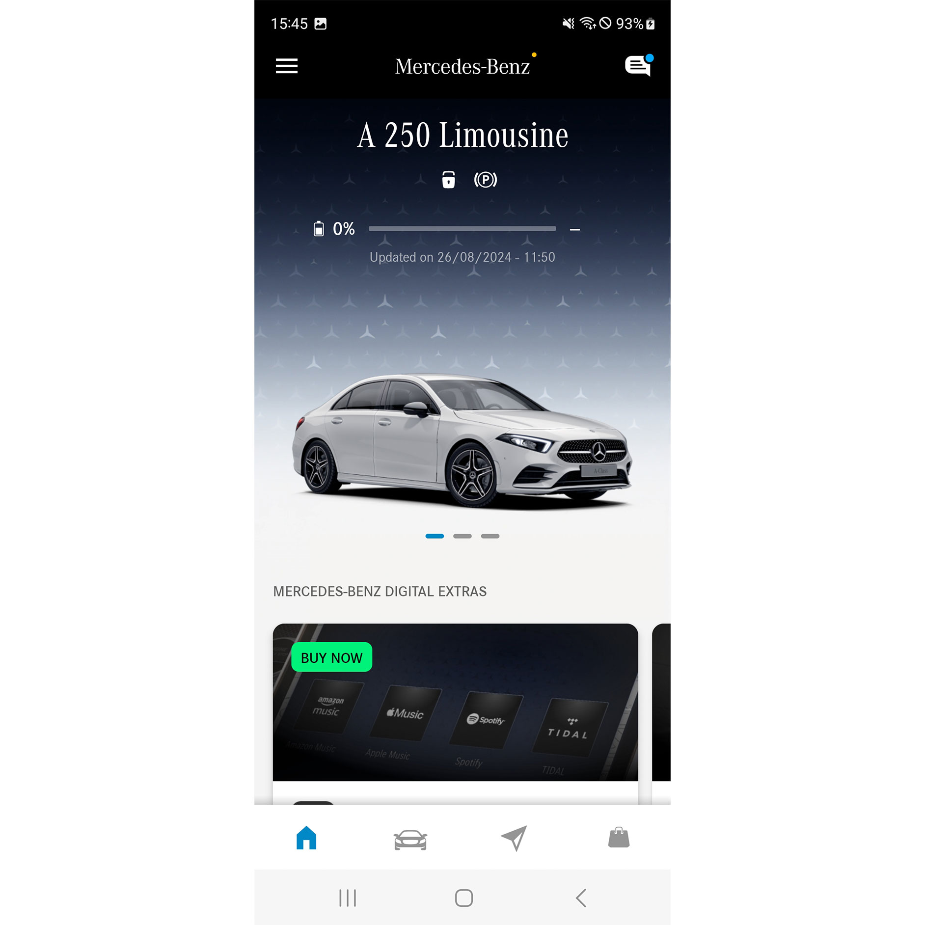App Mercedes-Benz | Applicazioni | Mercedes-Benz Il menu dell'App Mercedes-Benz sullo smartphone mostra le funzioni disponibili dei Digital Extras in tema di navigazione, servizi con accesso remoto e GUARD 360°.